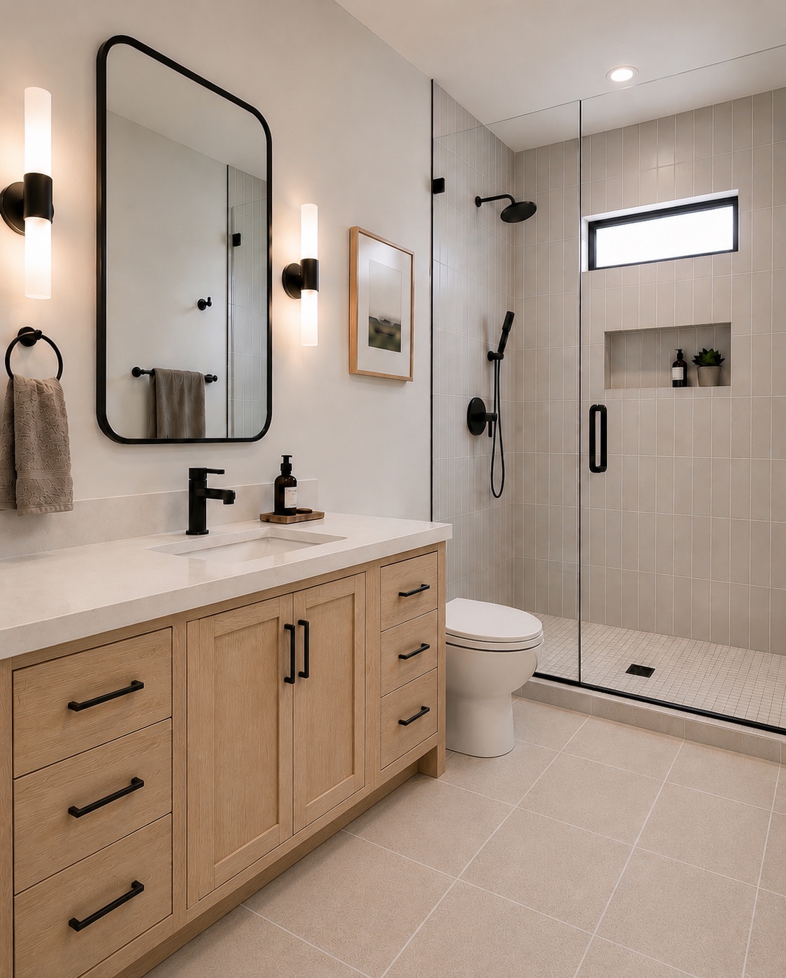 Bathroom remodel with natural wood vanity, frameless glass shower, vertical tile, and matte-black fixtures